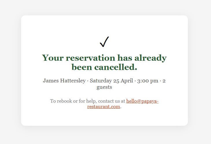 Guest-facing cancellation confirmation page after clicking the cancel link in their email