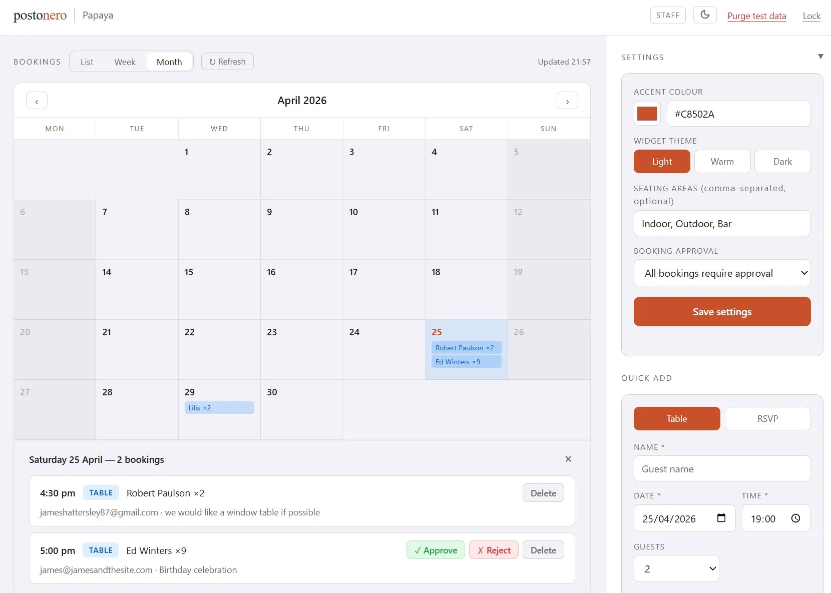 Postonero staff dashboard showing the booking calendar and upcoming reservations list