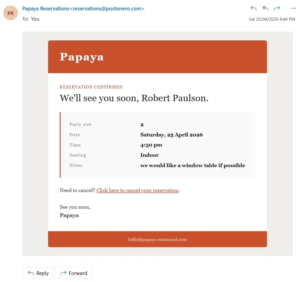 Branded confirmation email with reservation summary and a one-click cancel link