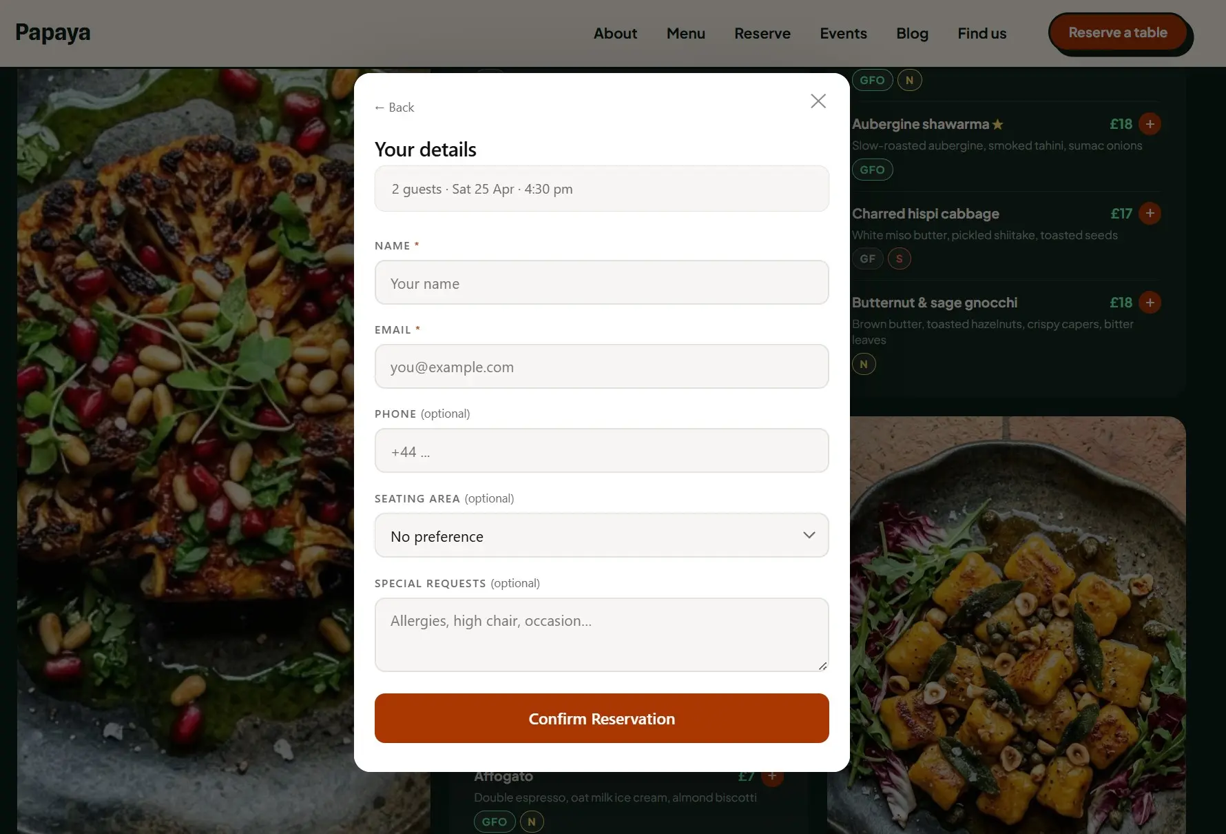 Postonero booking widget showing the guest details step: name, email, phone, seating area and special requests